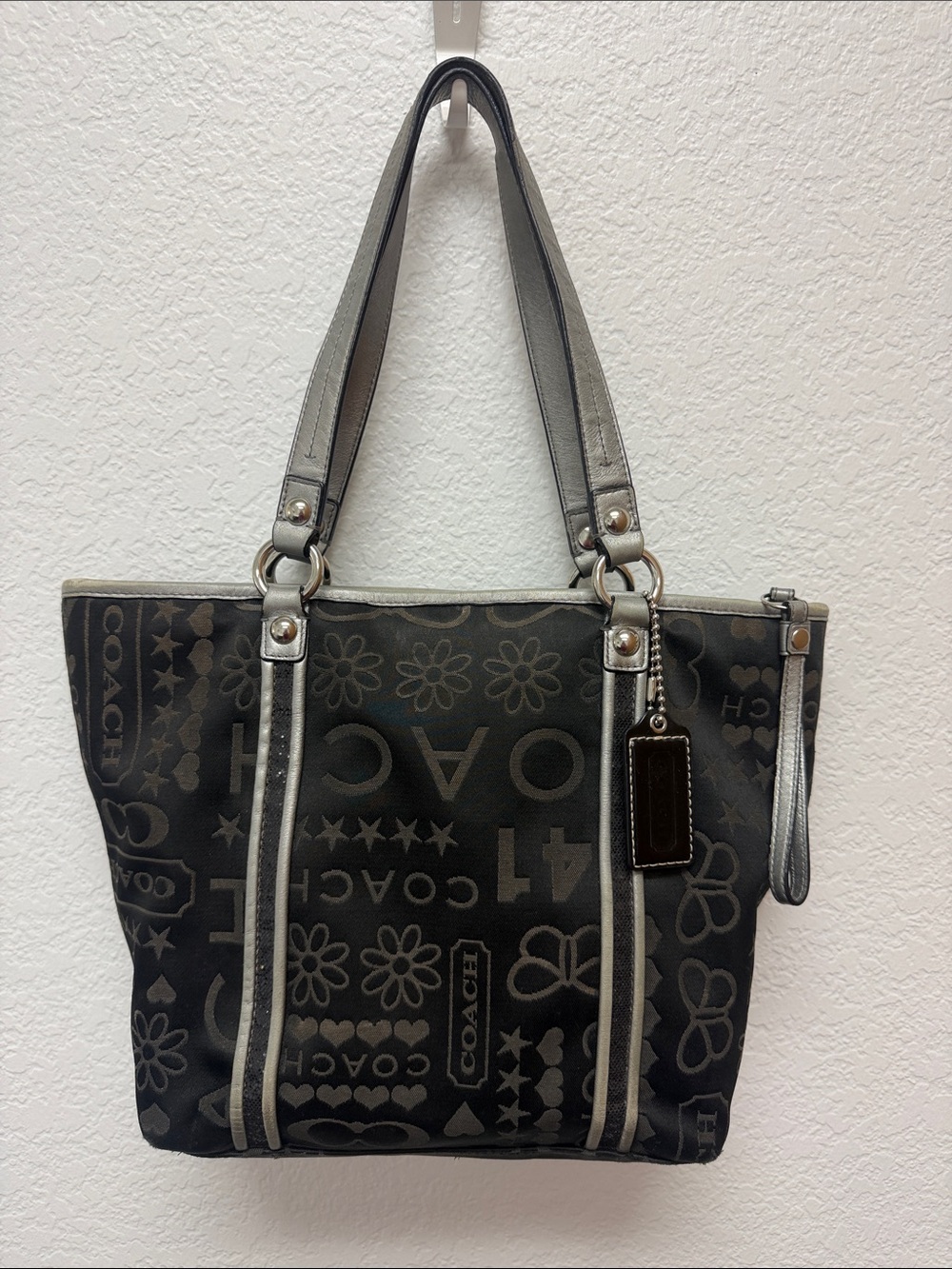 COACH Black and Gray Logo Canvas Tote with Silver Accents